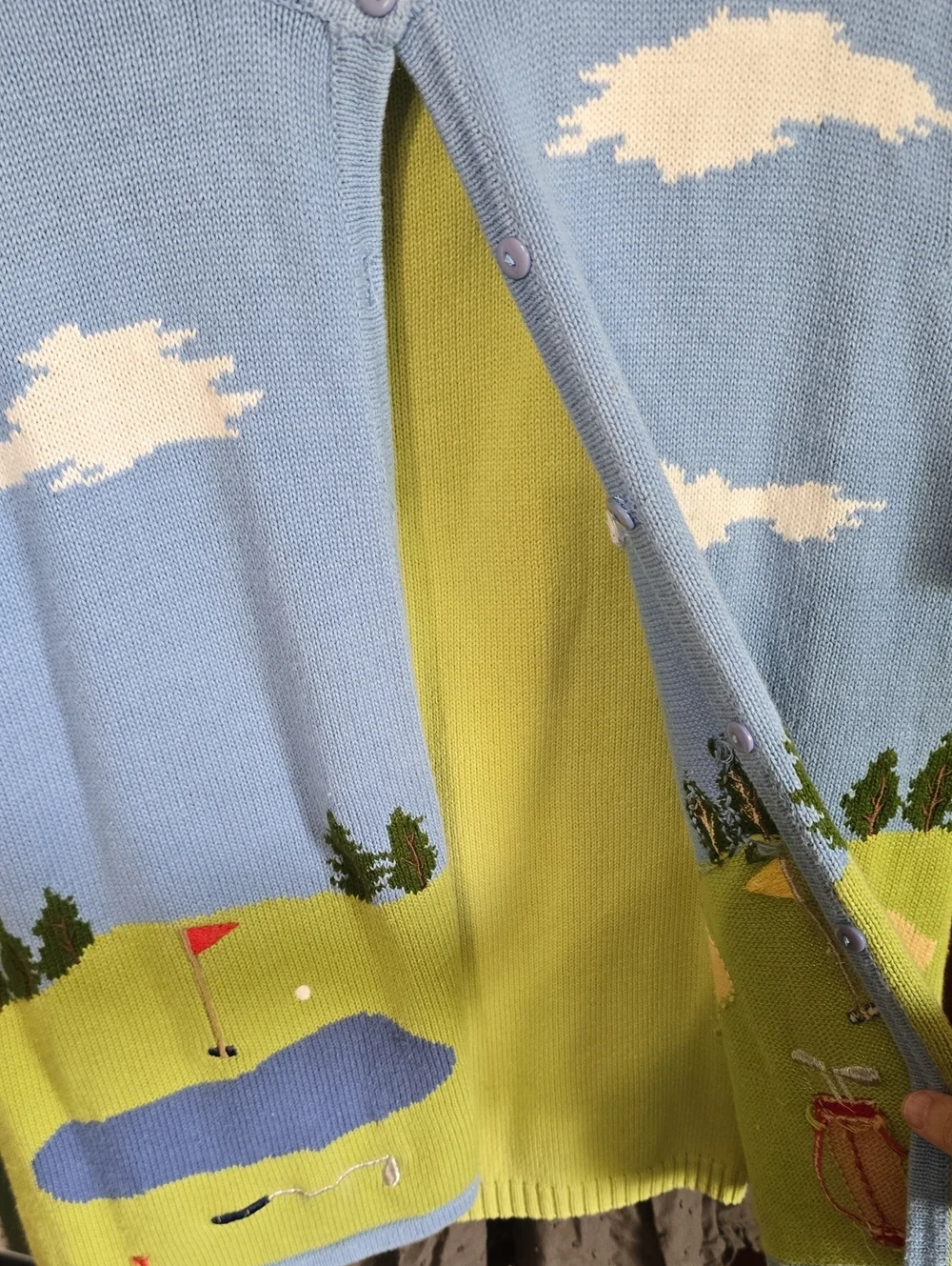 Marisa Christina Vintage Blue & Lime Golf Scene Cardigan Sweater